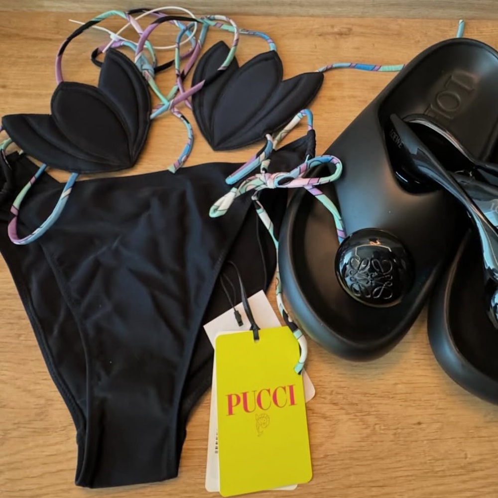 Emilio Pucci Black Bikini Bottom and top with Multicolor Ties comes as a set